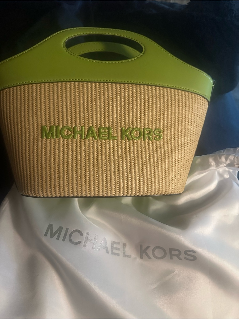 Michael Kors Natural Straw Tote with Lime Green Trim - Picture 1 of 6
